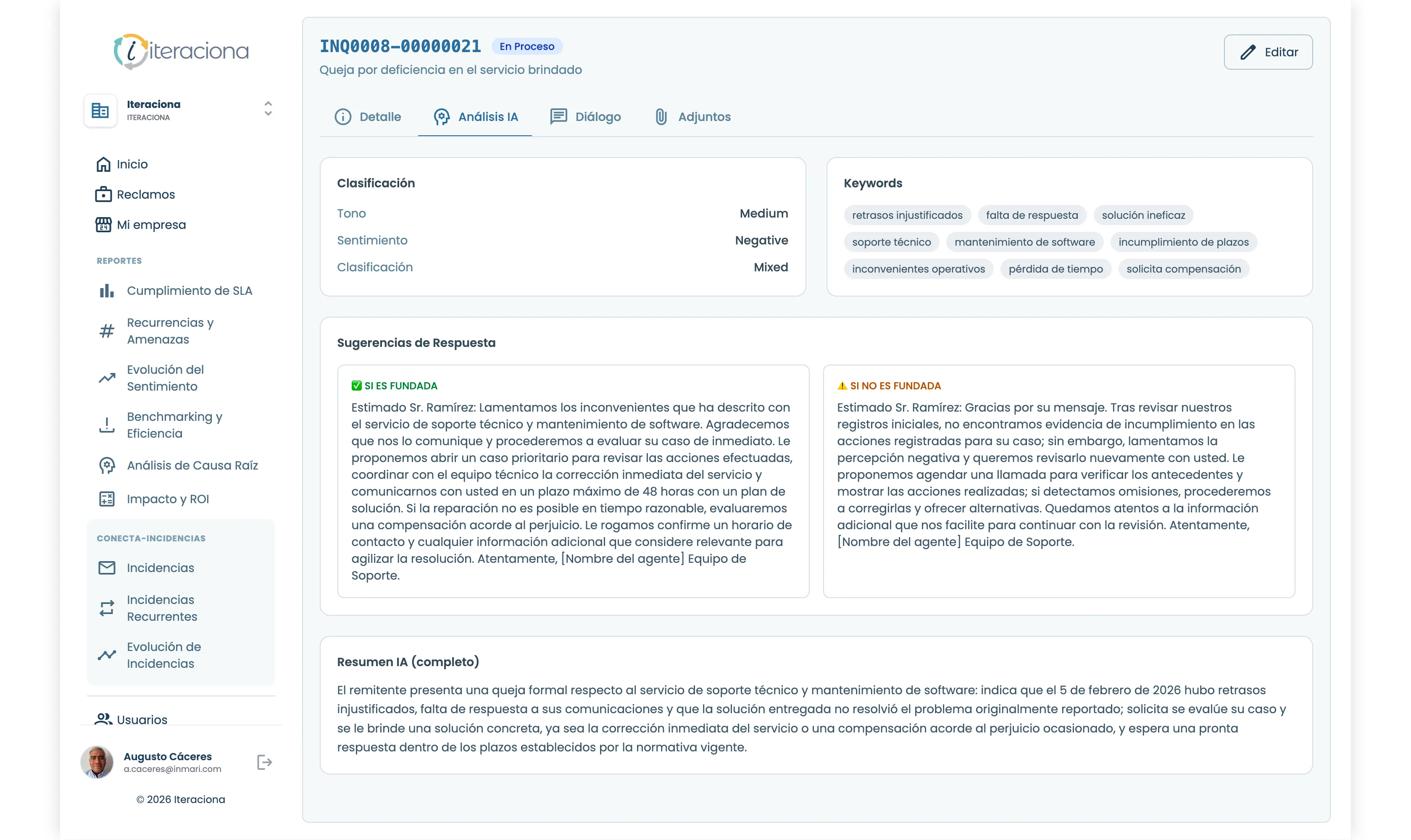 Análisis por IA de la queja