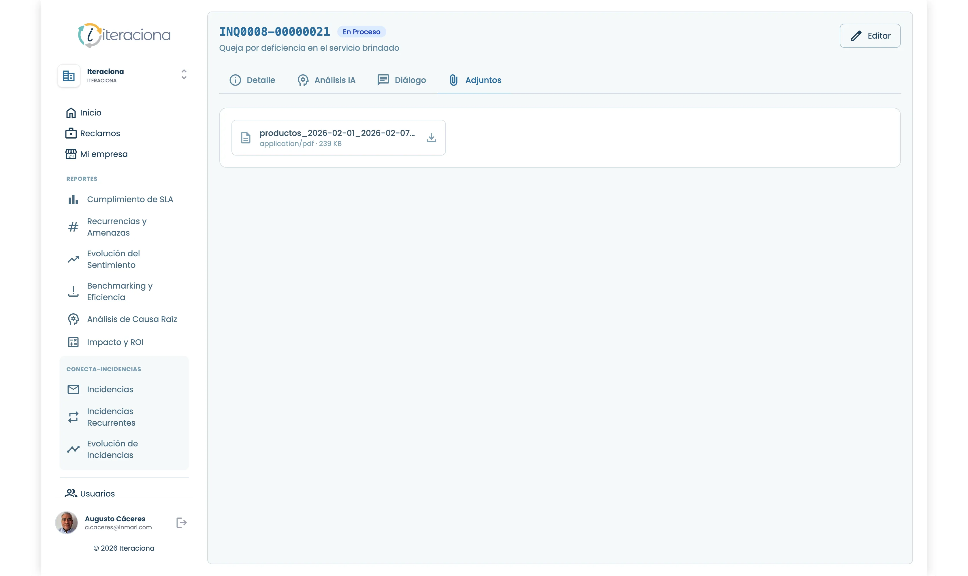 Archivos adjuntos como evidencia de la queja