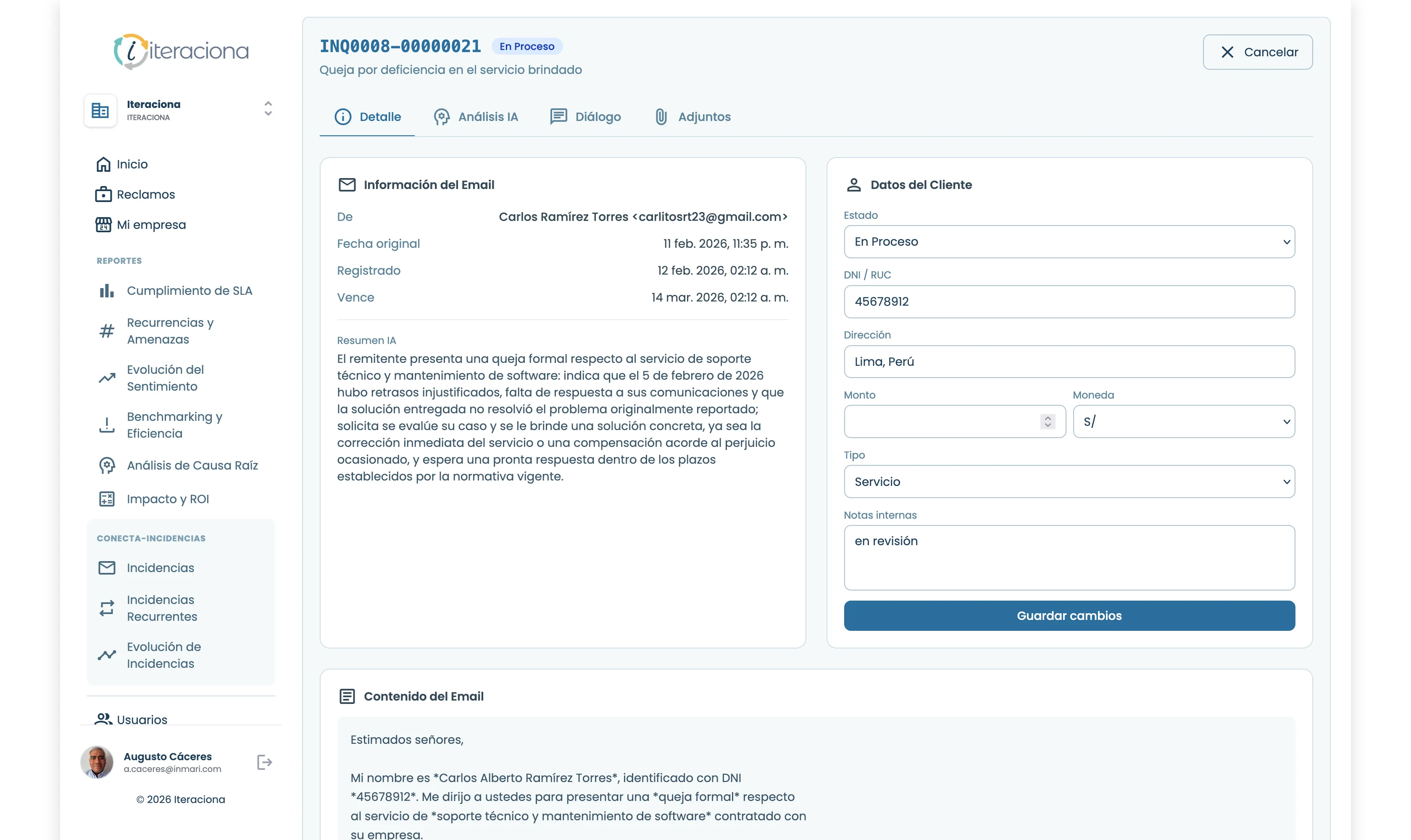 Detalle de la Queja recibida por email en un archivo eml