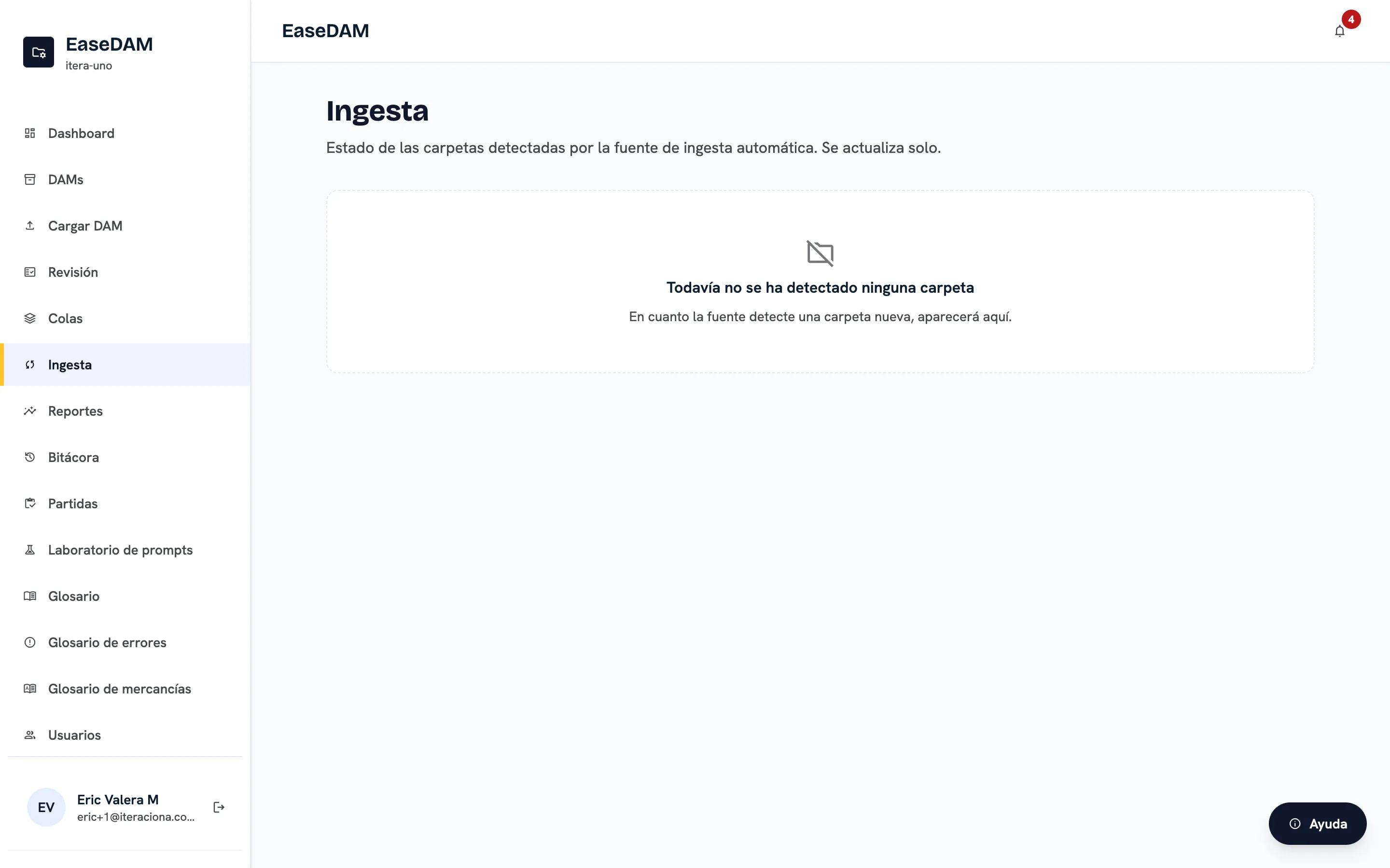 Estado de las carpetas detectadas por la fuente de ingesta automática.