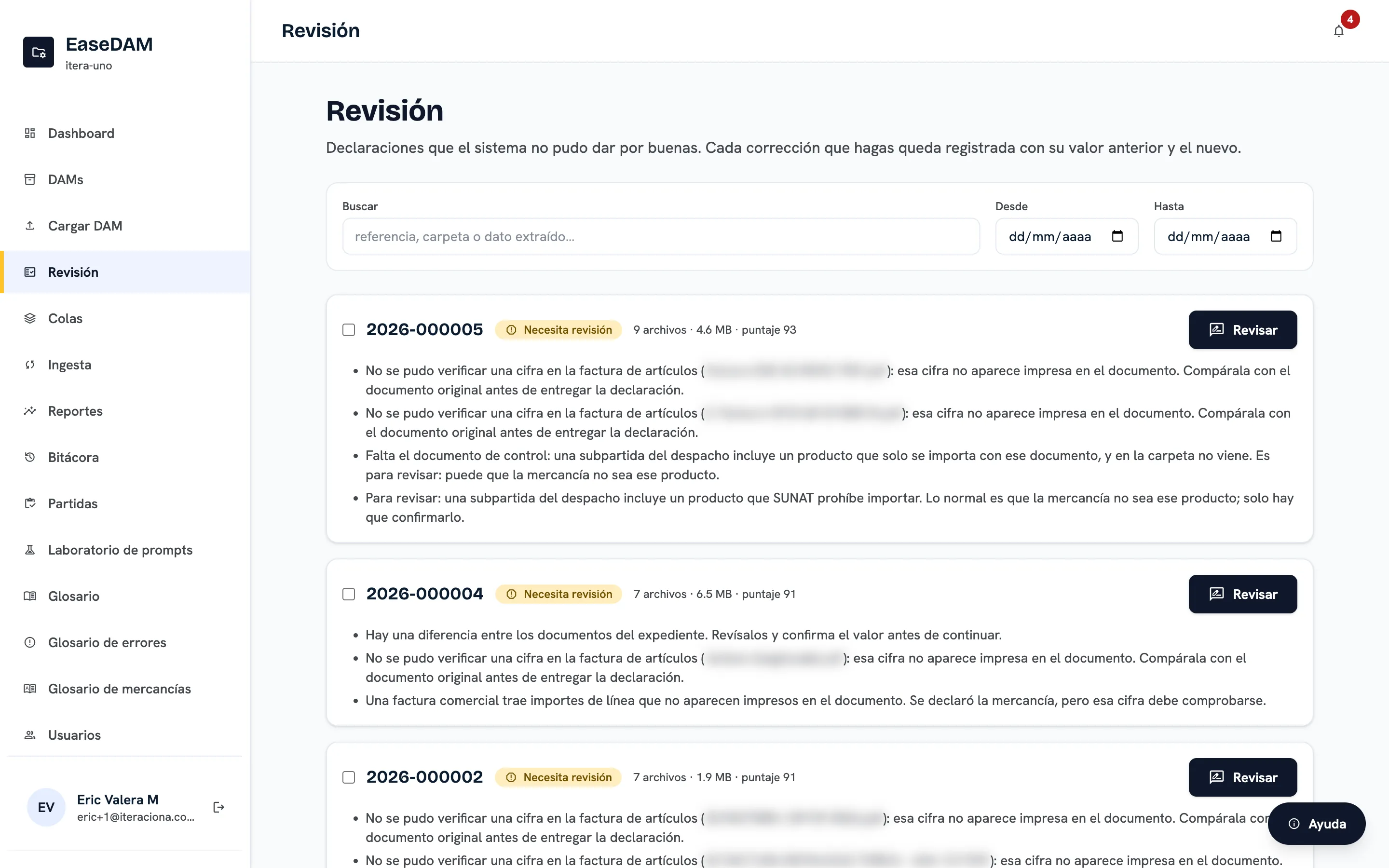 Bandeja de revisión: las declaraciones que el sistema no dio por buenas, con el motivo de cada observación en lenguaje claro.