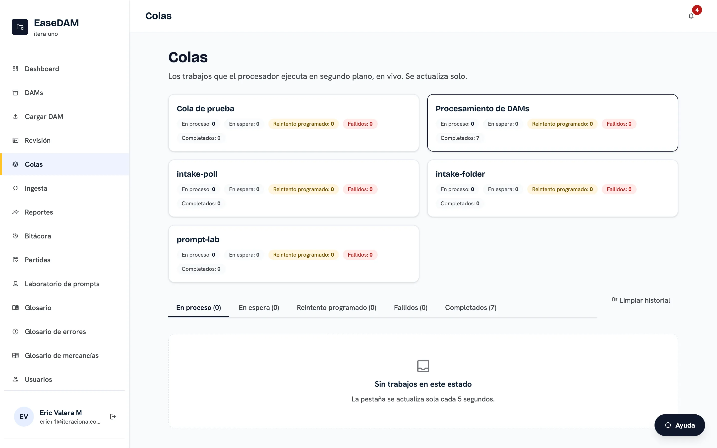 Monitor de las colas de trabajo en vivo: trabajos en proceso, en espera, reintentos, fallidos y completados.